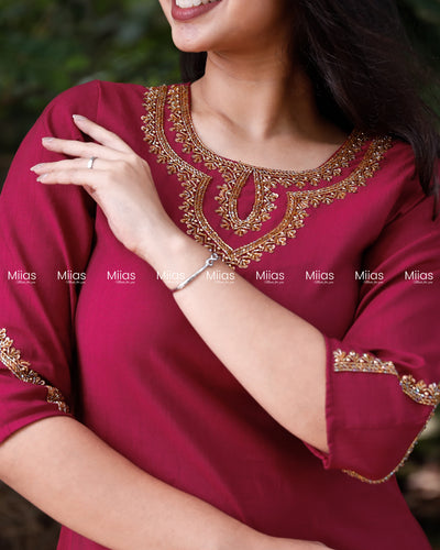Vatican Fabric Slit Top | Beaded Round Neck | Rani Pink