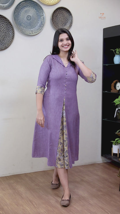 Linen Jute Kurti: Mirror Work Pleat w/ Kalamkari Patch-Light Golden Yellow.