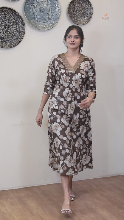 Vatican A-Line Kurti with Zari V-Neck & Pocket-Dark Brown