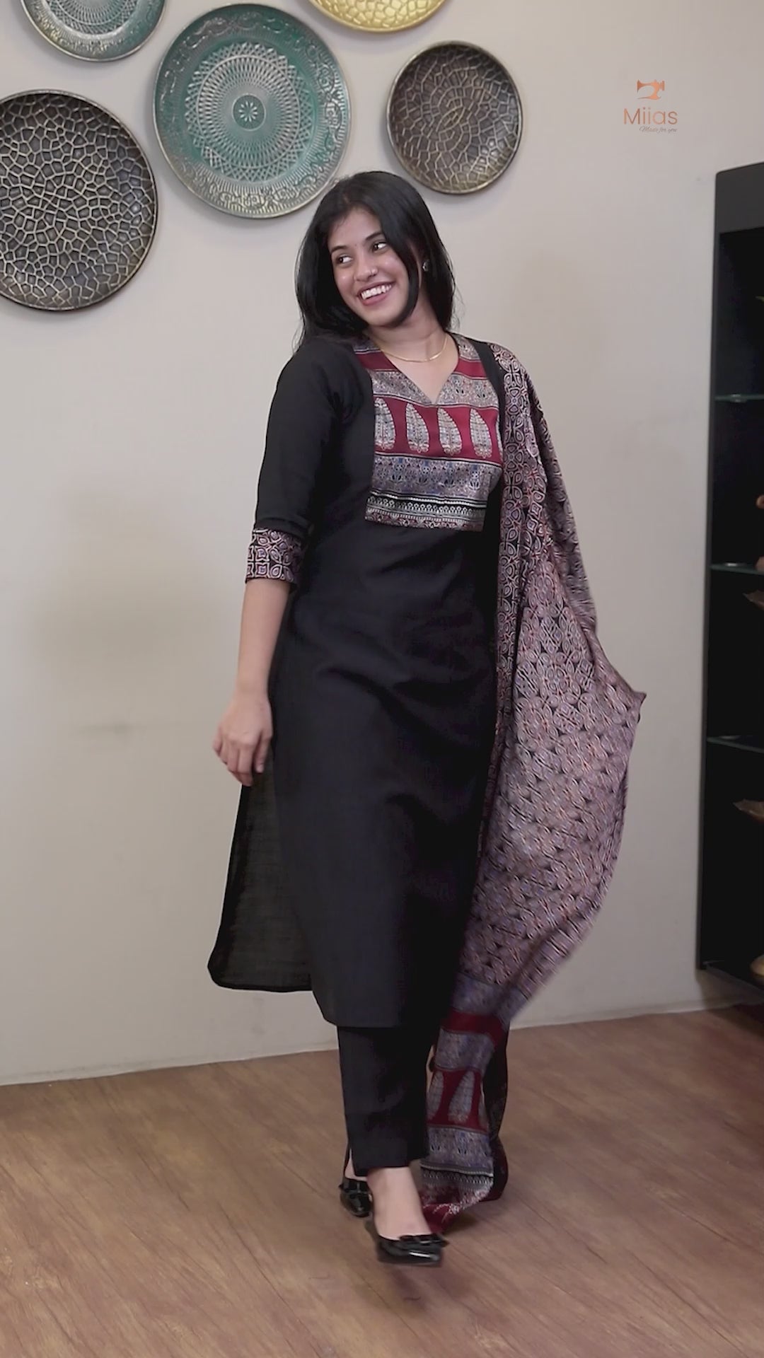 Spun Silk Top & Bottom Set with Modal Silk Dupatta-Black