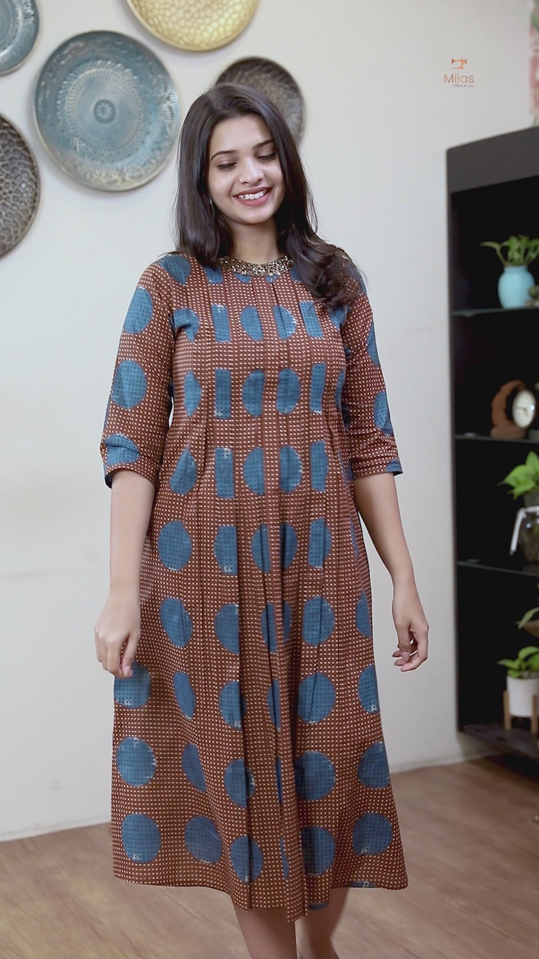 Cotton Ajrakh Print Kurti Handwork Beaded Neck-Deep Blue.