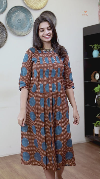 Cotton Ajrakh Print Kurti Handwork Beaded Neck-Deep Blue.