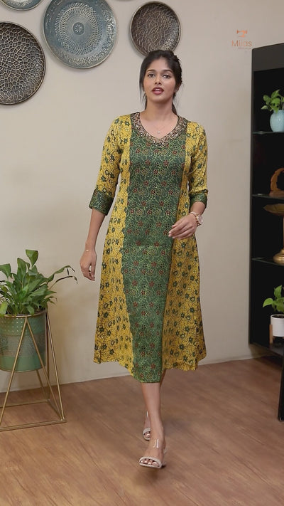Modal Silk Printed Kurti | Contrast Panels & Sequins-Brown