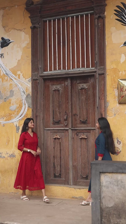 Pure Cotton Three-Panel Kurti w/ Contrast Lace & Pocket-Blue