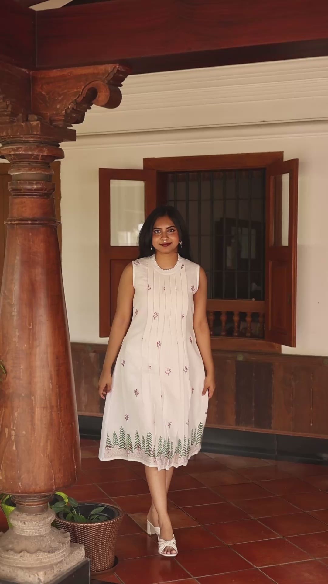 Linen Sleeveless Dress: Embroidered & Pleated