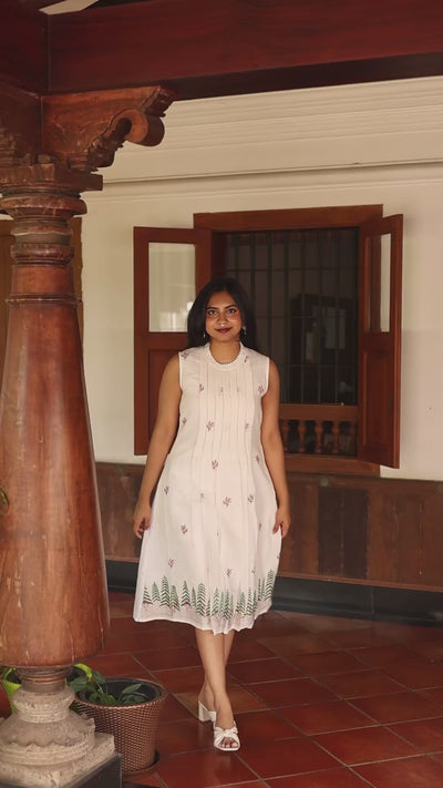 Linen Sleeveless Dress: Embroidered & Pleated