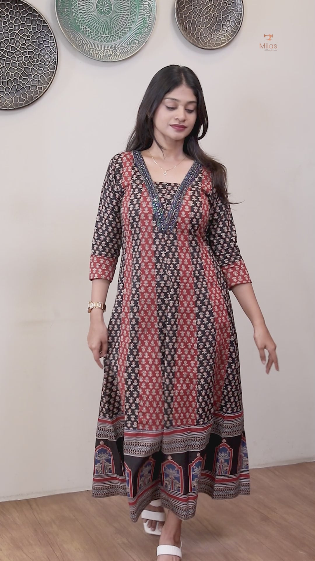 Ajrakh Kurti | Dual-Tone Panels with Artisan Beadwork & Mirrors-Brick Red