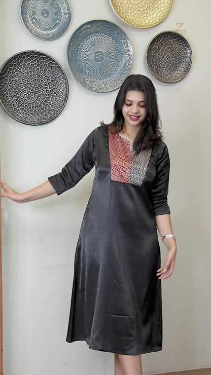 Mashru Silk A-Line Kurti with Vibrant Patchwork Yoke-Black