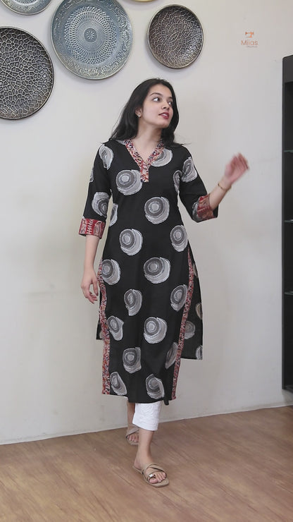 South Cotton Slit Kurti Embroidered Kalamkari Patches-Black.