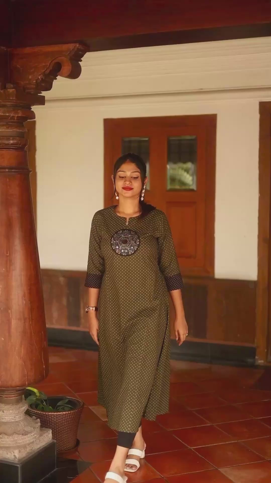 Ajrakh Cotton Kurti Dress: Beaded Silk Yoke & Pocket-Red