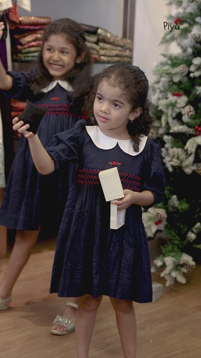Pintuck Peter Pan Dress - Navy & Red Smocked