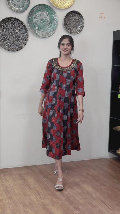 Ajrakh Cotton Kurti with Beaded Neckline & Sequins-Brick Red