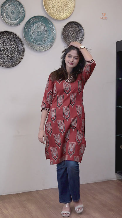 Cotton Ajrakh Top: Stunning V-Neck Printed Top-Brick Red