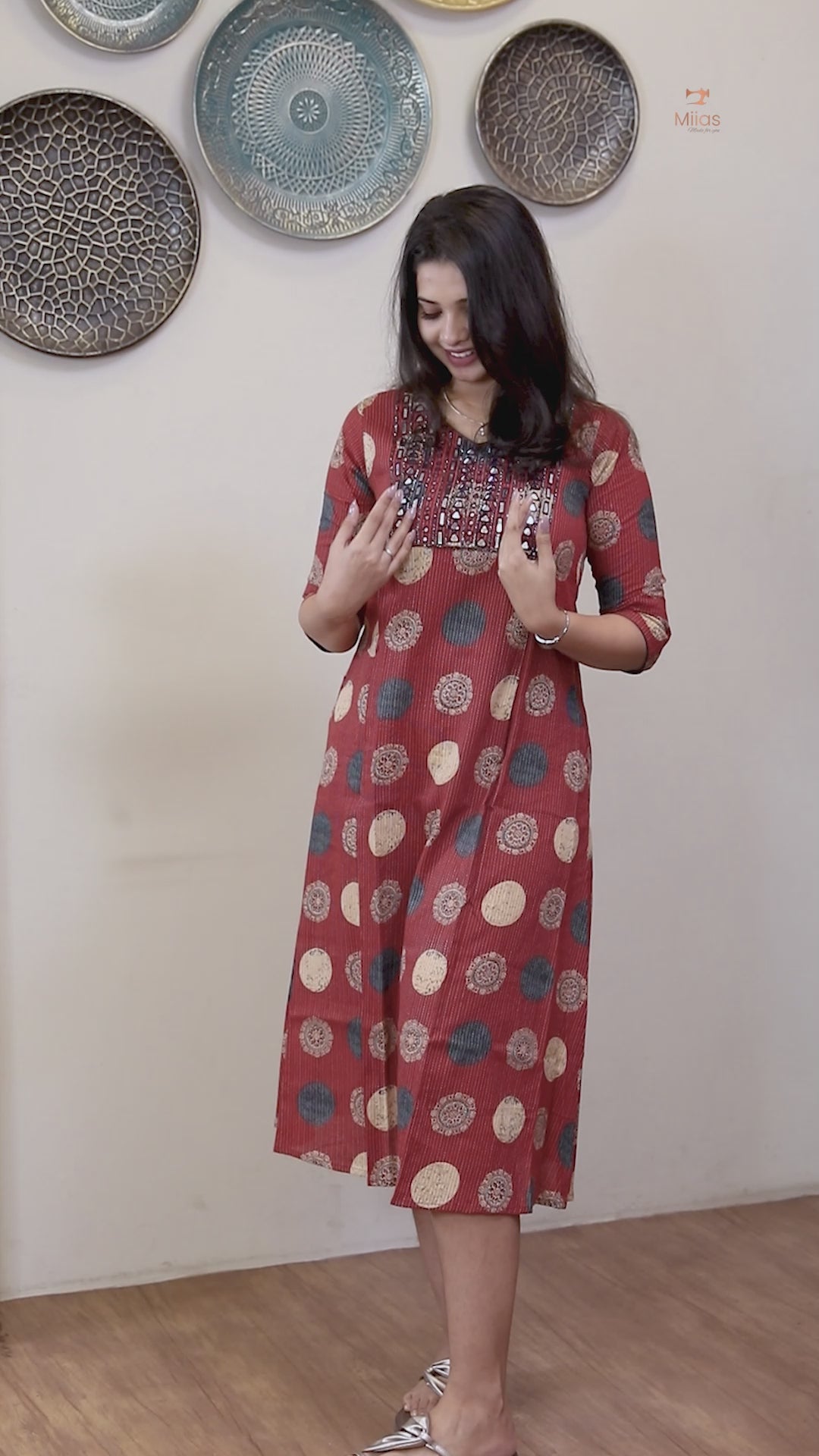 Handblock Kantha Cotton | A-Line Dress Kurti | Brick Red