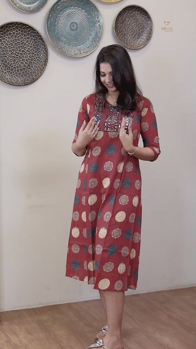 Handblock Kantha Cotton | A-Line Dress Kurti | Brick Red