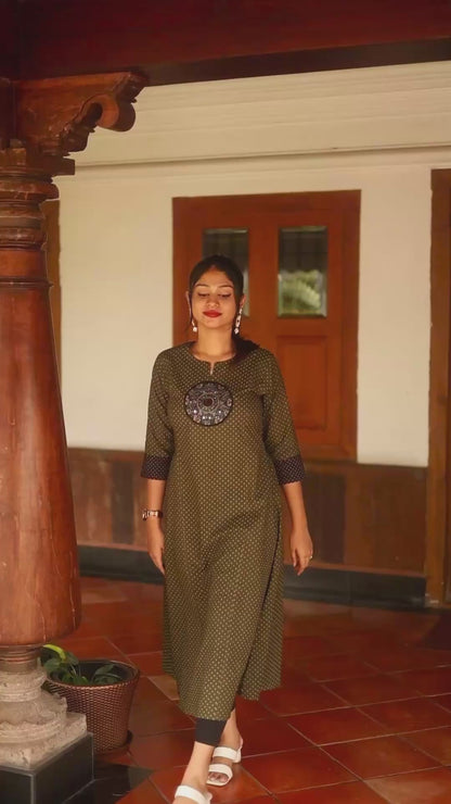 Ajrakh Cotton Kurti Dress: Beaded Silk Yoke & Pocket-Olive Green.