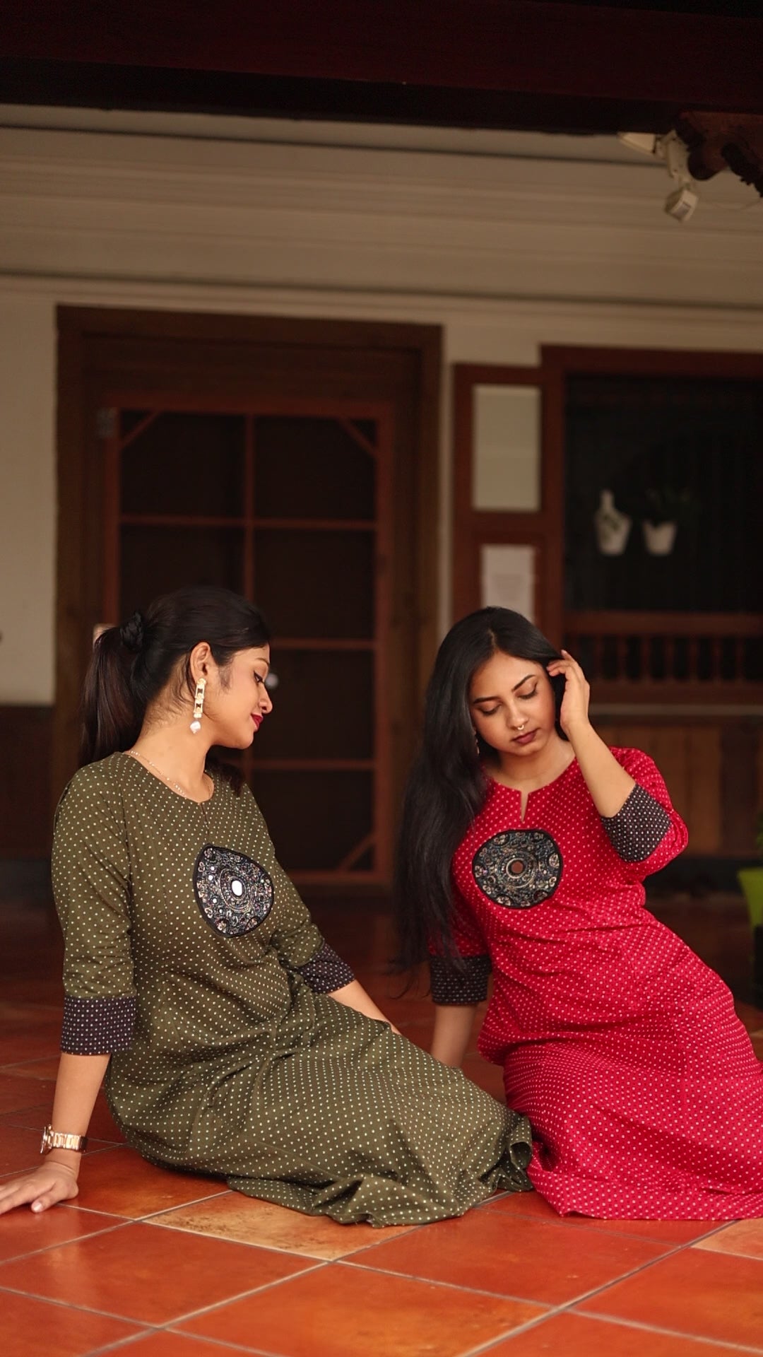 Ajrakh Cotton Kurti Dress: Beaded Silk Yoke & Pocket-Olive Green.