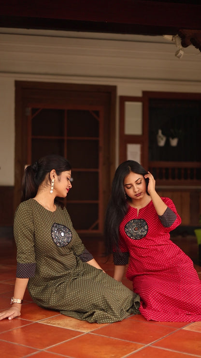 Ajrakh Cotton Kurti Dress: Beaded Silk Yoke & Pocket-Olive Green.