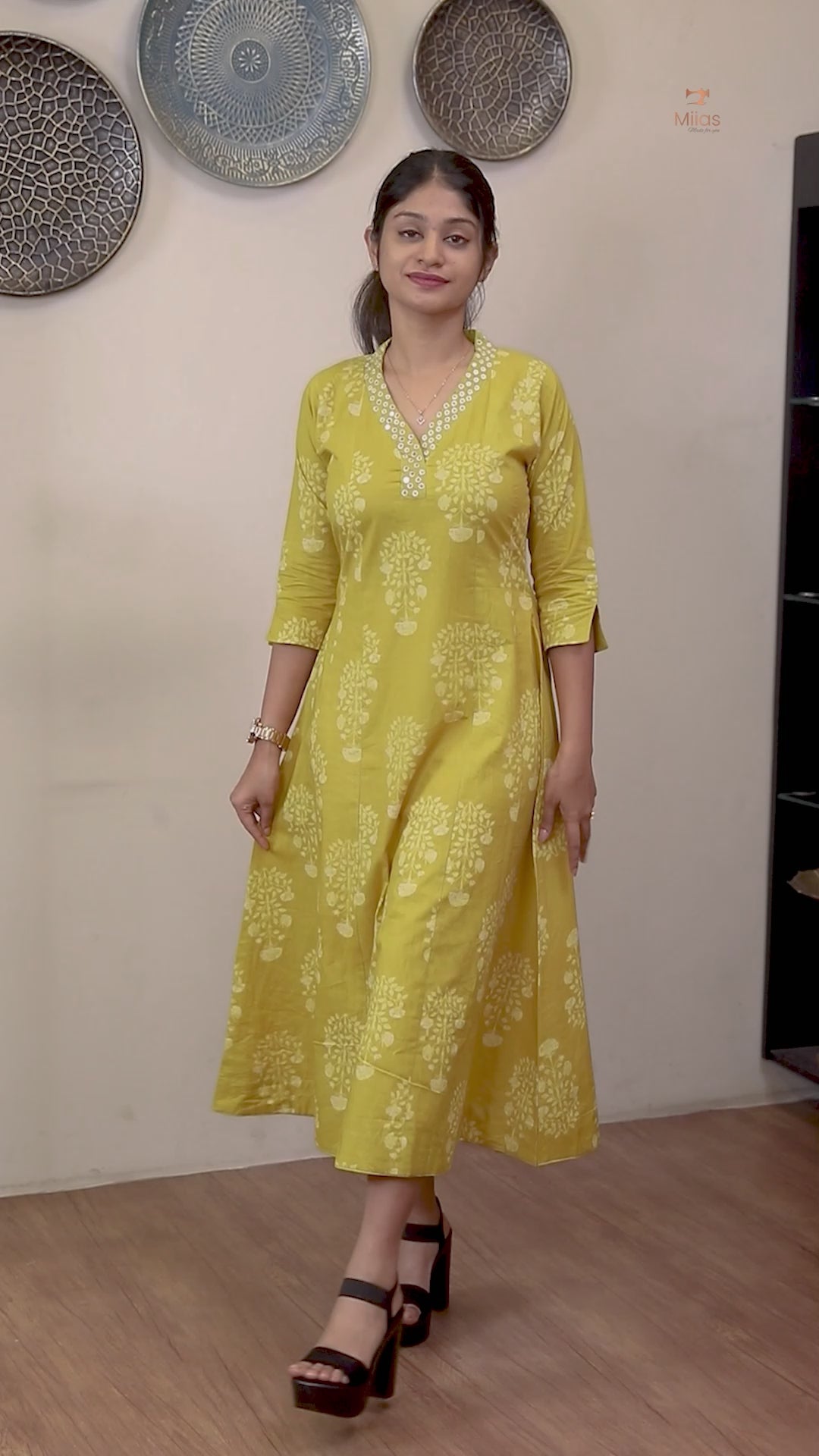 South Cotton Five-Panel Kurti with Mirror Work & Collar-Yellow.
