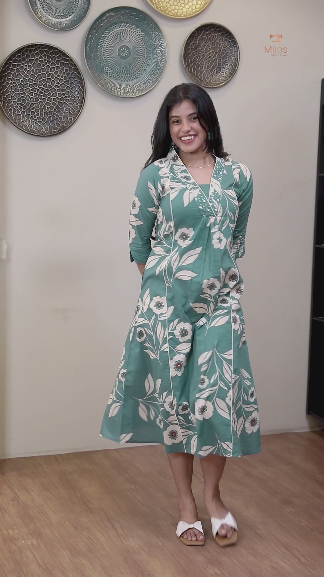 South Cotton Kurti with Mirrors, Sequins & Pocket-Aqua Green