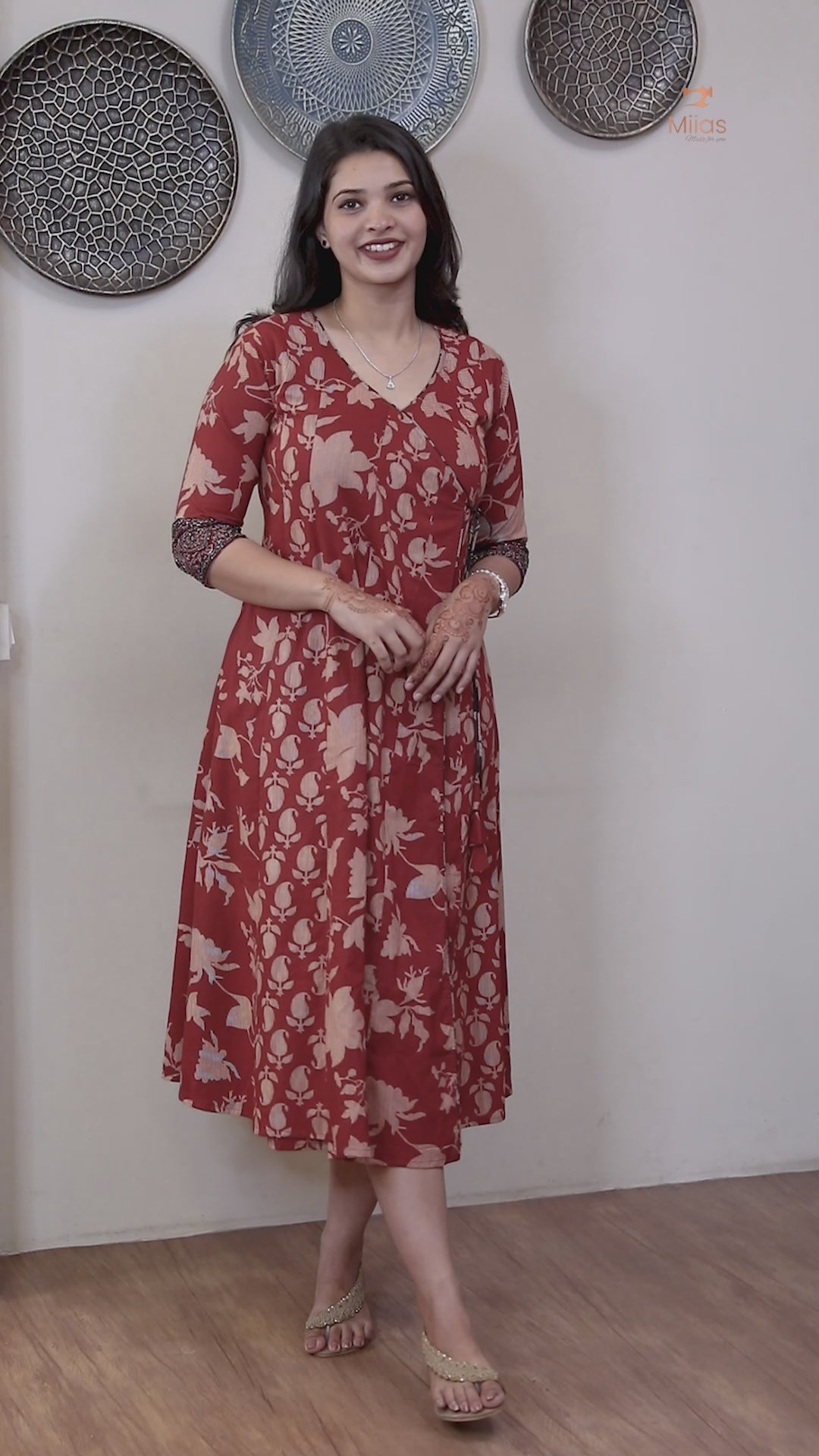 Wrap Kurti in South Cotton with Handmade Bead & Mirror Work-Brick Red