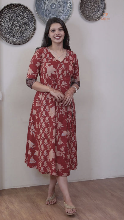 Wrap Kurti in South Cotton with Handmade Bead & Mirror Work-Brick Red