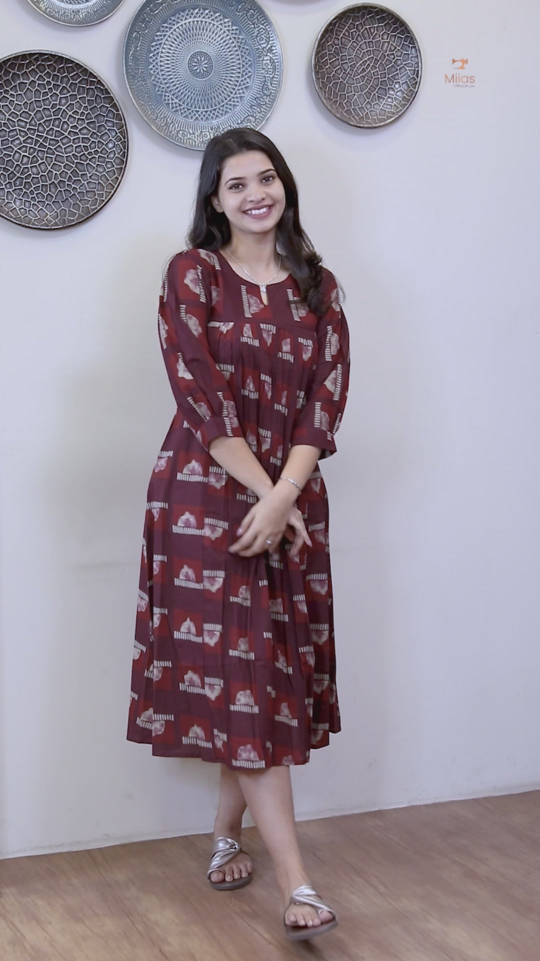 Cotton Ajrakh Kurti Pleated Front | Side Pocket | Burgundy
