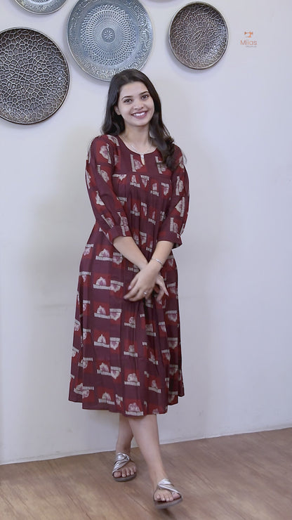 Cotton Ajrakh Kurti Pleated Front | Side Pocket | Burgundy
