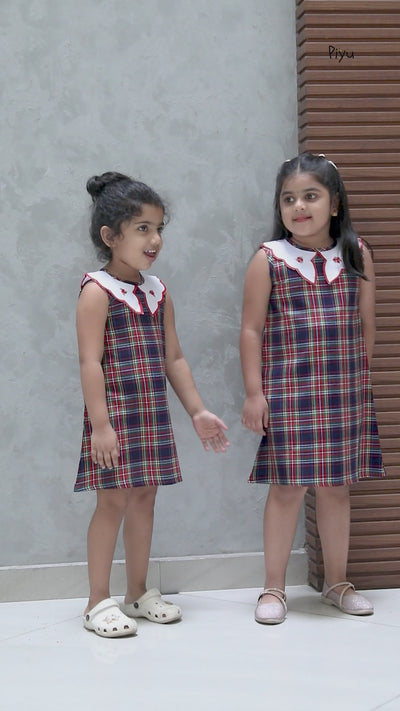 Soft Cotton A-Line Frock with Scalloped Embroidered Collar-Plaid.