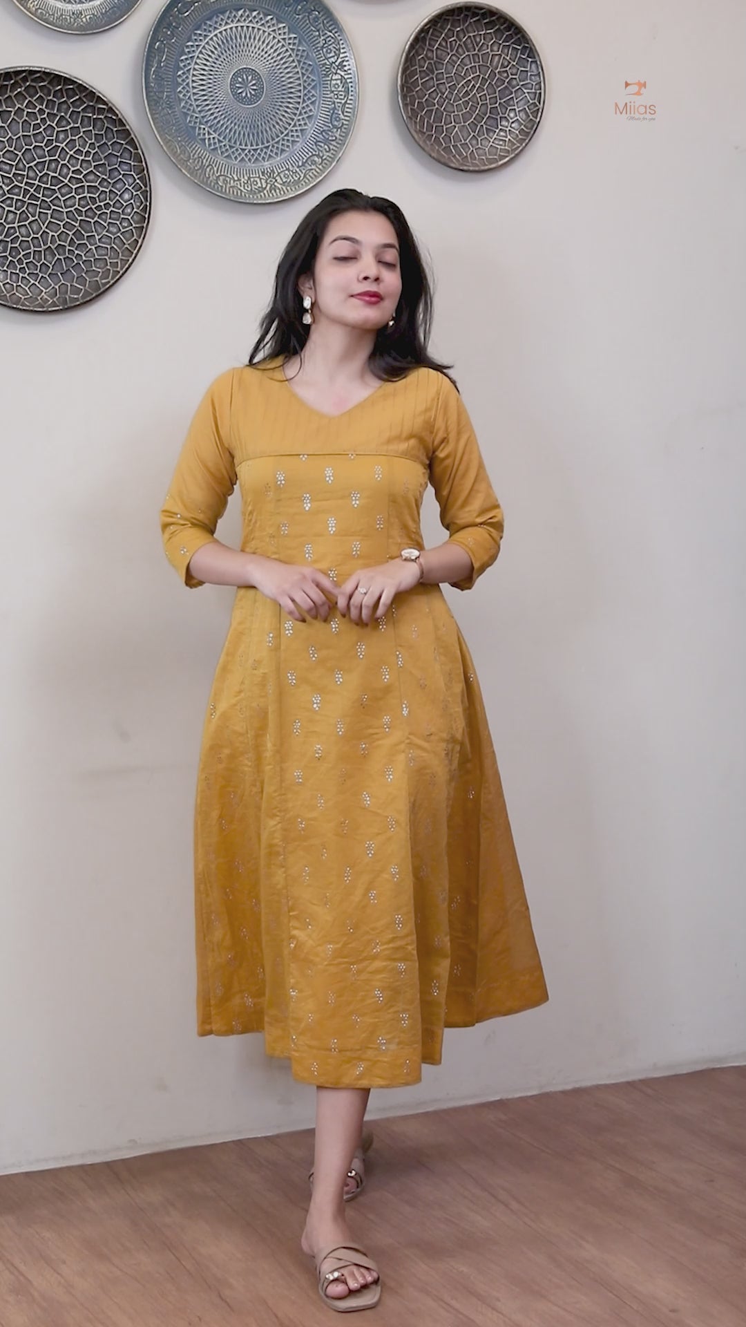 Mul Chanderi Kurti: Golden Mukesh Work, Printed Panel, Pintuck Neckline-Mustard Yellow.
