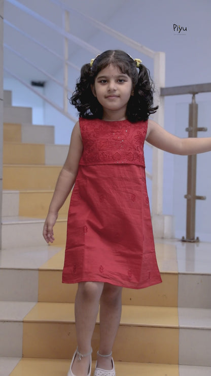 Mul Chanderi A-Line Frock: Cutwork & Sequenced Yoke-Red.