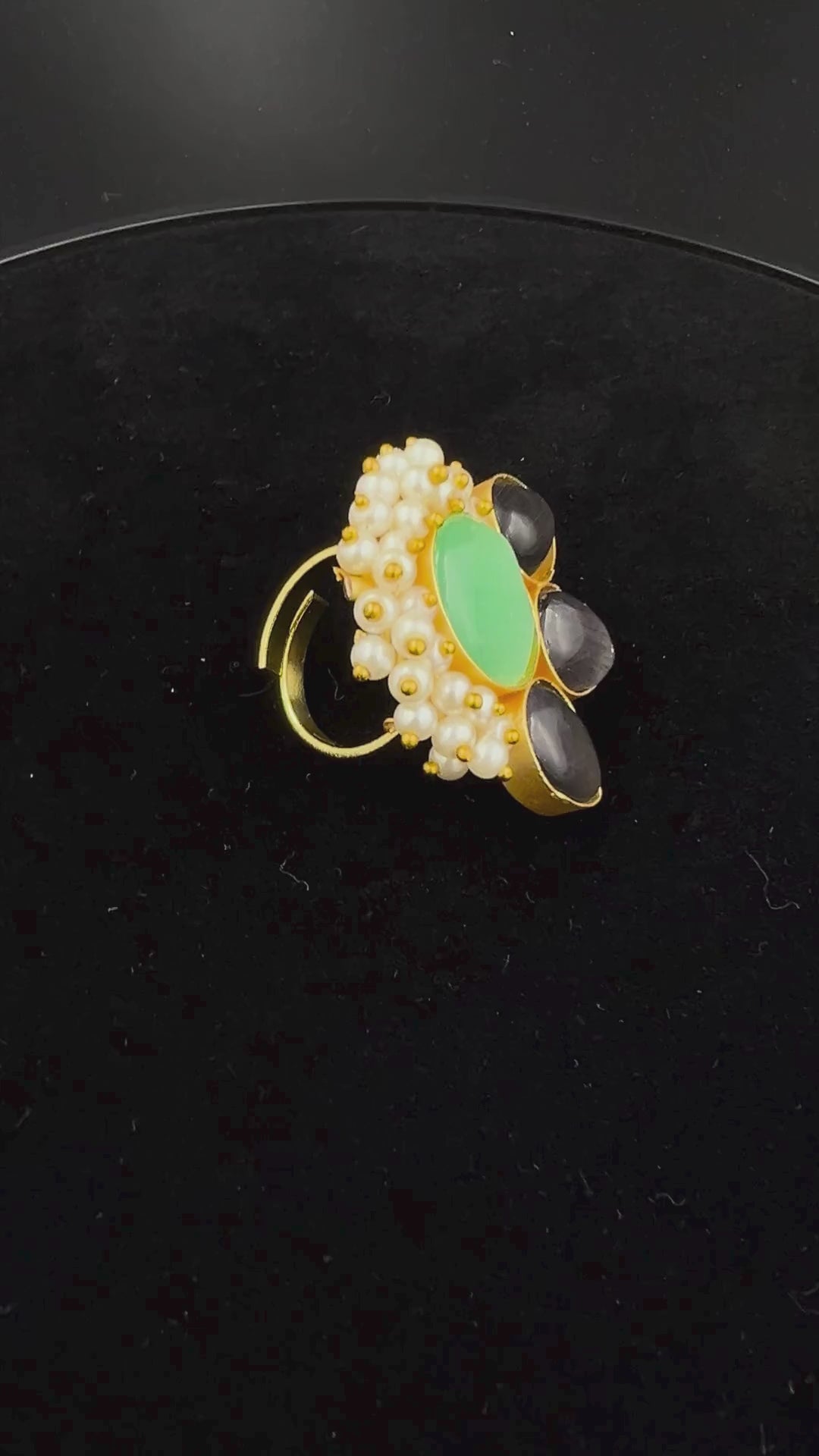 Gold Tone Pearl Halo Ring with Green Stone & Onyx Accents