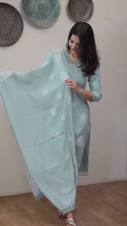 Crushed Dhara Silk | Embroidered Slit Top & Dupatta Set | Pastel Grey