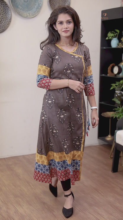 Cotton Ajrakh Kurti: Dual-Print Overlap Dress with Pockets-Inverted Print.