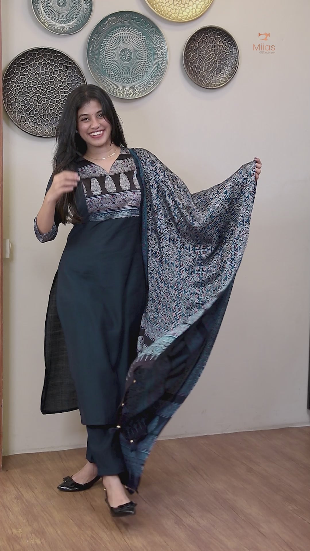 Spun Silk Top & Bottom Set with Modal Silk Dupatta-Navy Blue