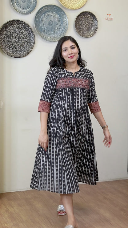 Ajrakh Print Cotton Kurti - Bead and Mirror Work-Black.