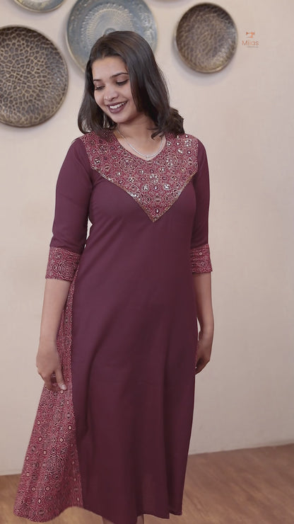 Cotton A-Line Kurti with Ajrakh Patchwork & Mirror Work-Wine Red