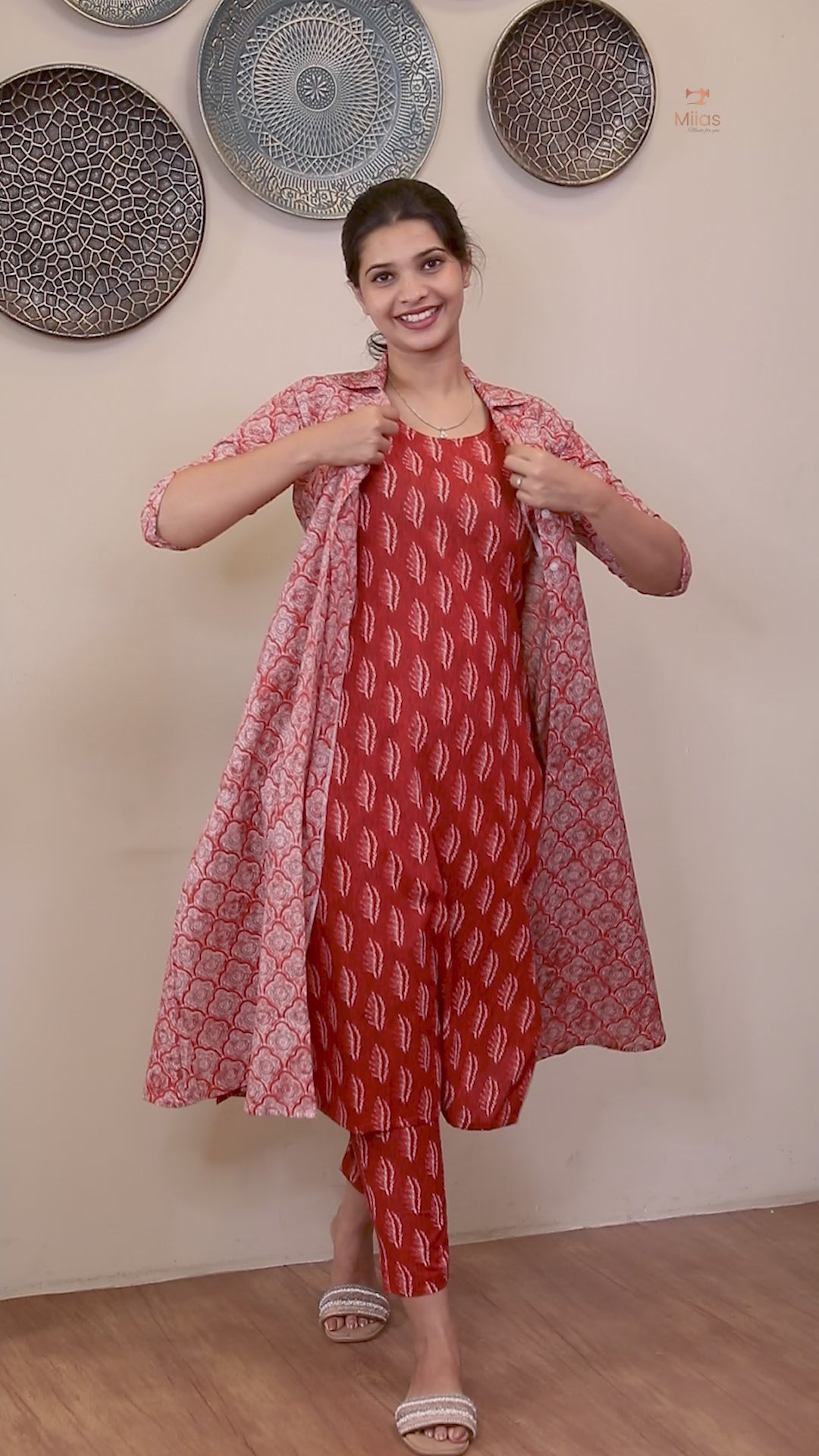 Cotton 3-Piece Set: Sleeveless Top, Bottom & Jacket-Orange Red