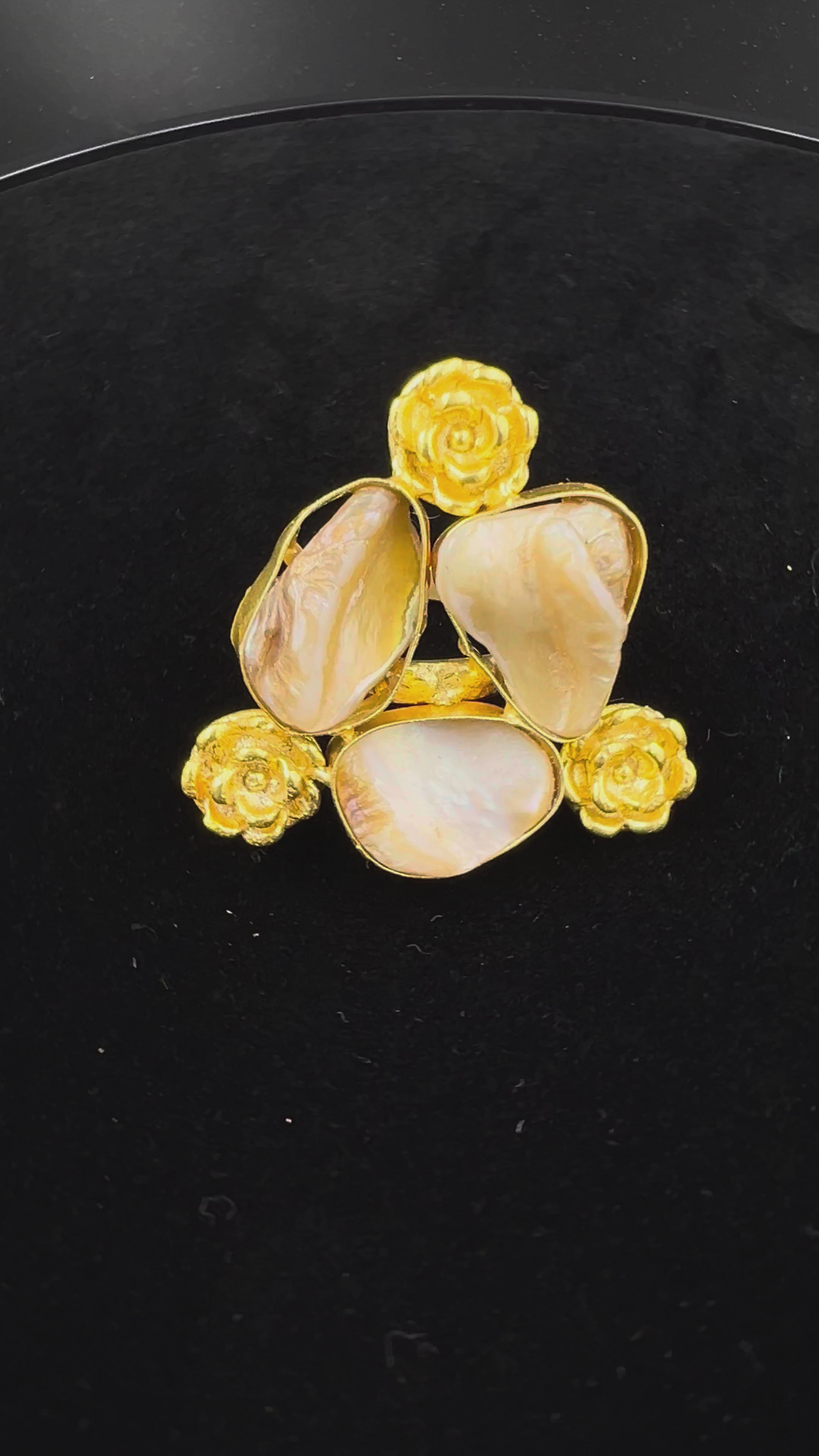 Ornate Floral Mother-of-Pearl Ring in Gold Tone