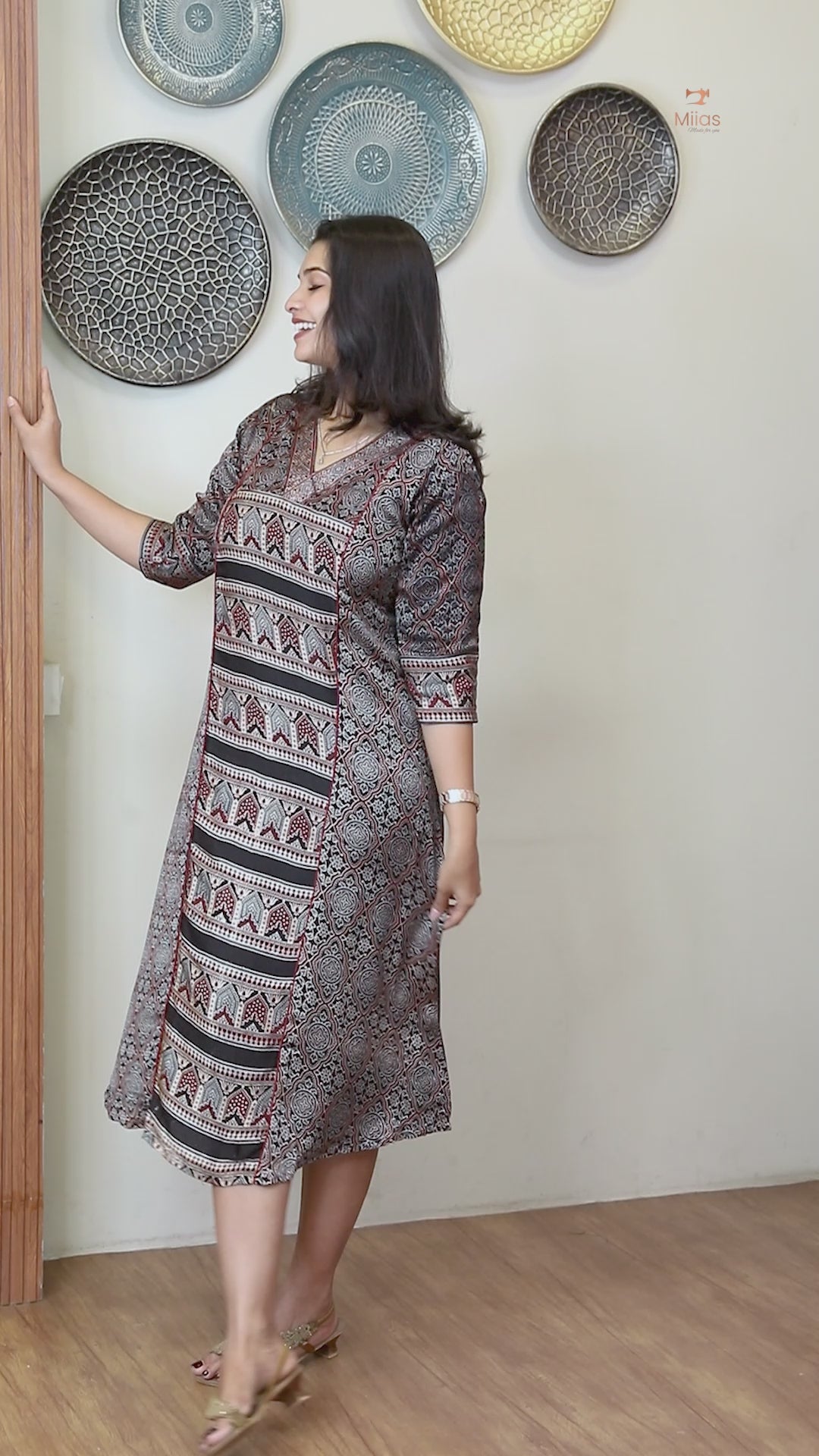Pure Modal Silk Kurti Dress - V-Neck Panel & A-Line Back Elegance-Base Colour Black.