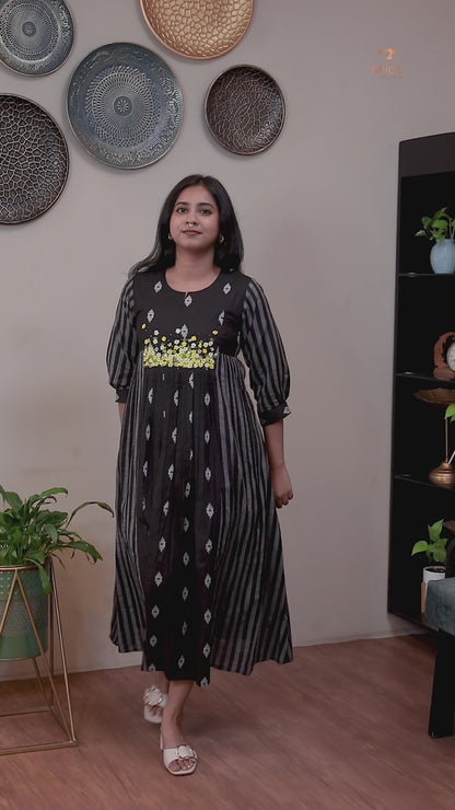 Pure Cotton Three-Panel Kurti | Embroidered & Beaded Neck-Black