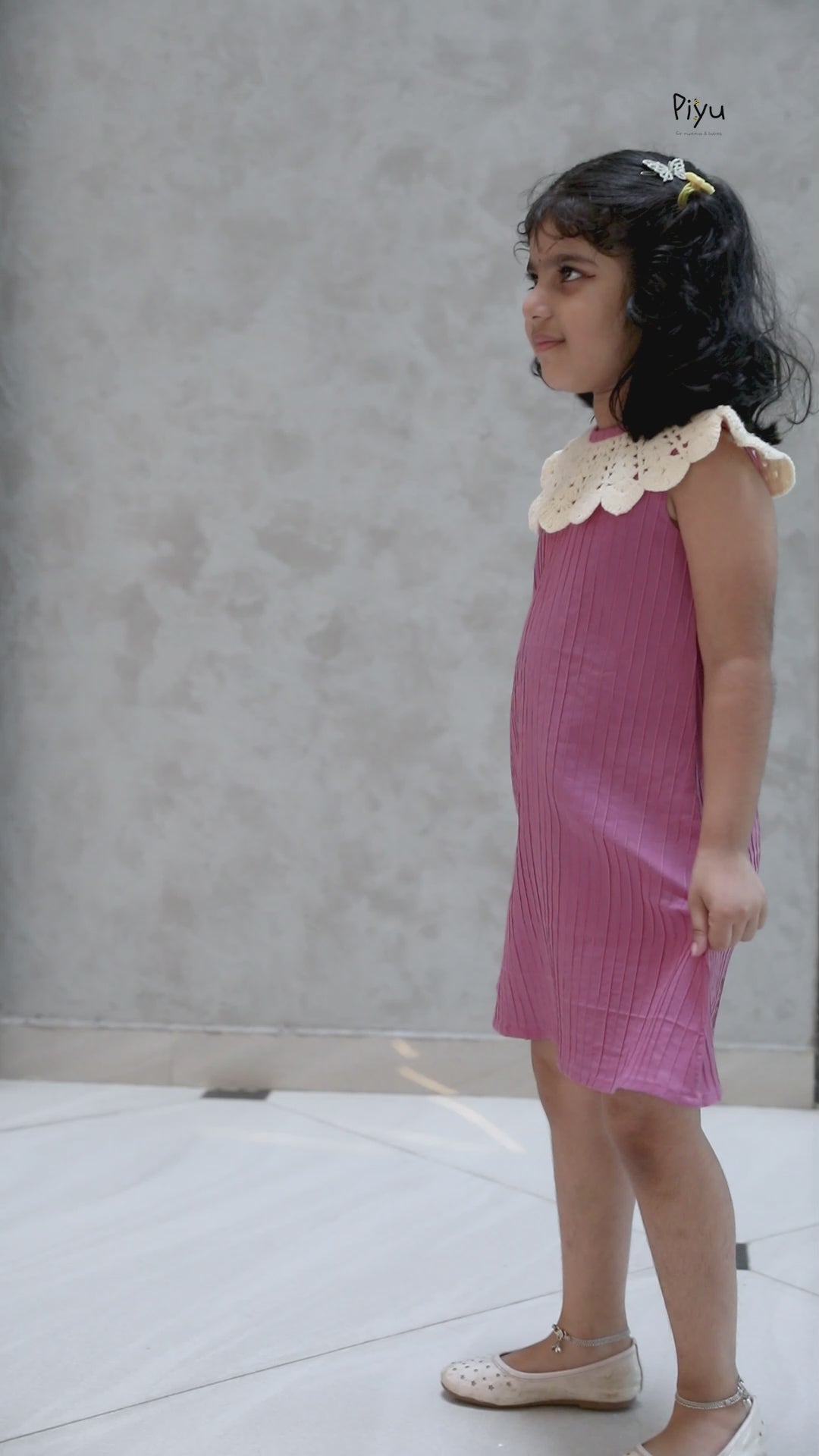 Pintuck Cotton A-Line Frock w/ Crochet Neckline-Pink.