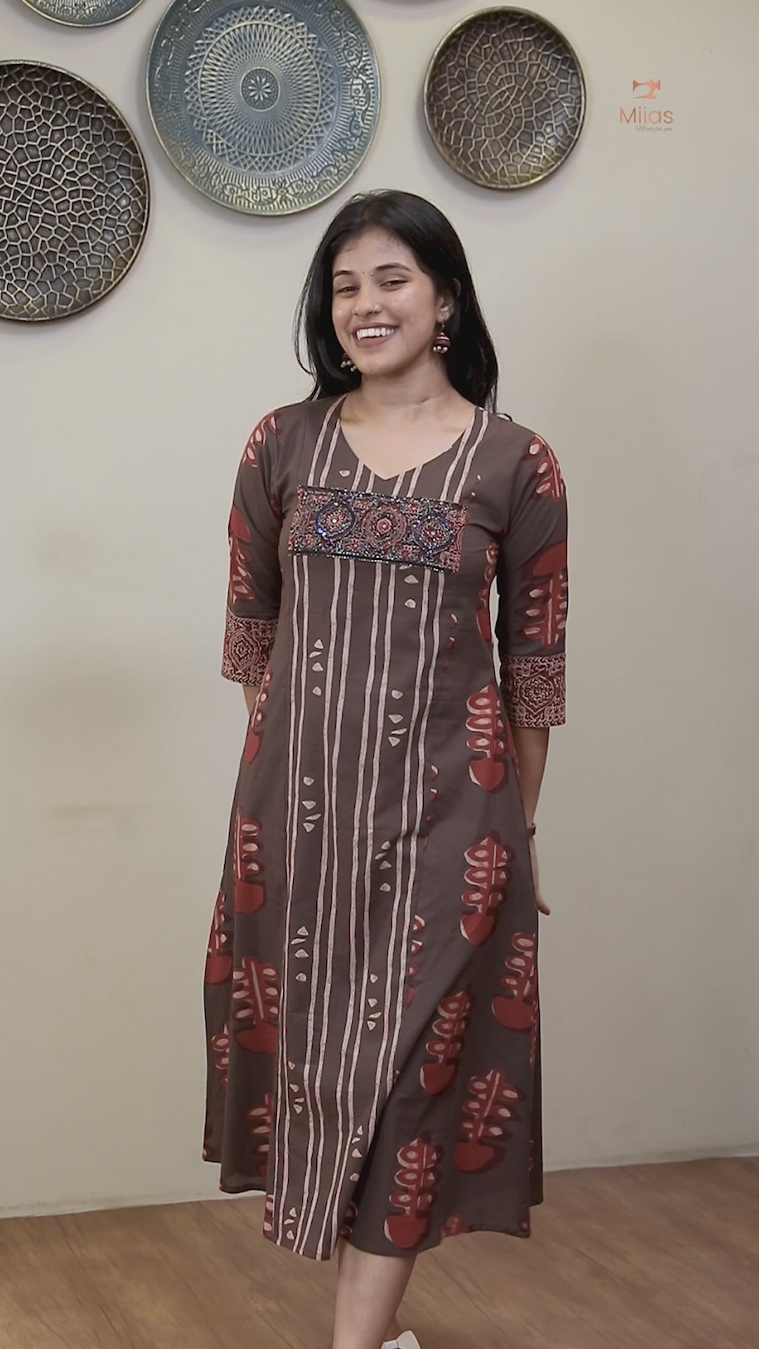 South Cotton Kurti: Beaded, Sequined Yoke & Ajrakh Sleeves