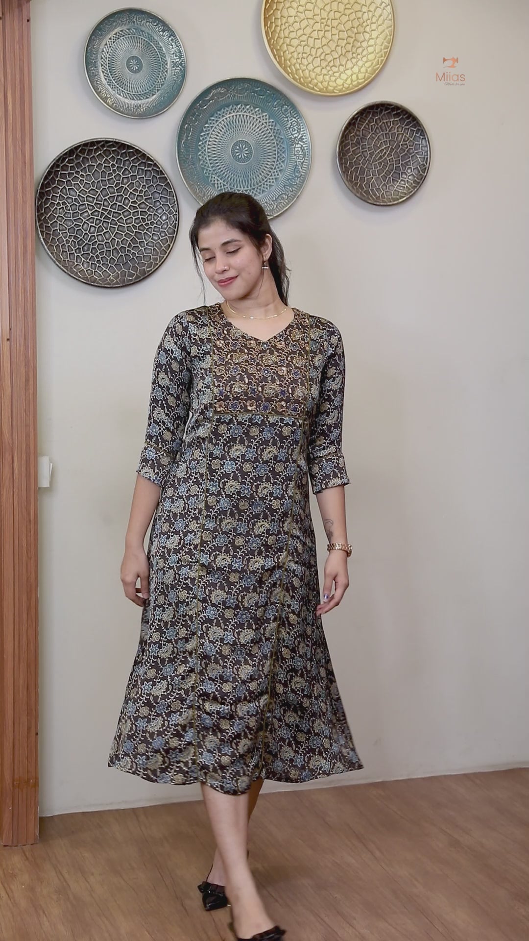 Modal Silk A-Line Kurti with Hand Embellishment-Dark Brown