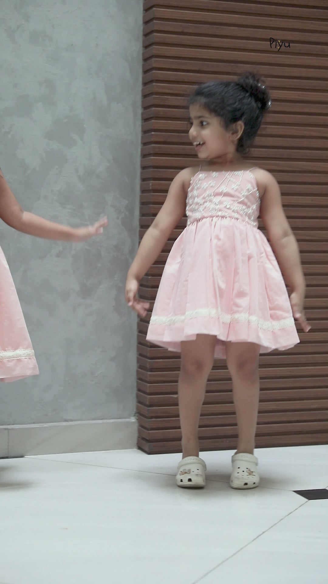 Mul Chanderi Frock: Beaded Net Yoke & Back Bow-Peach.