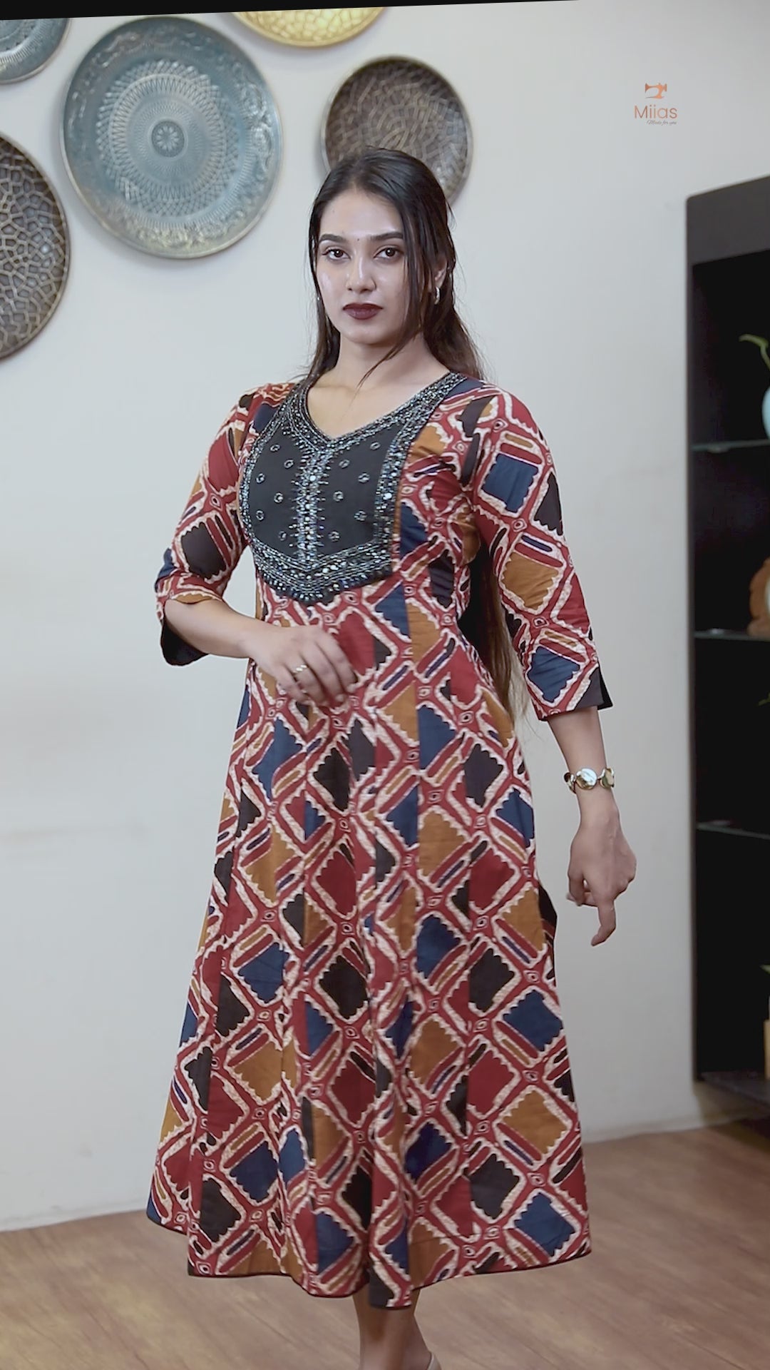 Printed Cotton Kurti | Beaded, Mirror Work Panel-Cut Design-Yellow.