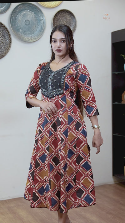 Printed Cotton Kurti | Beaded, Mirror Work Panel-Cut Design-Brick Red.