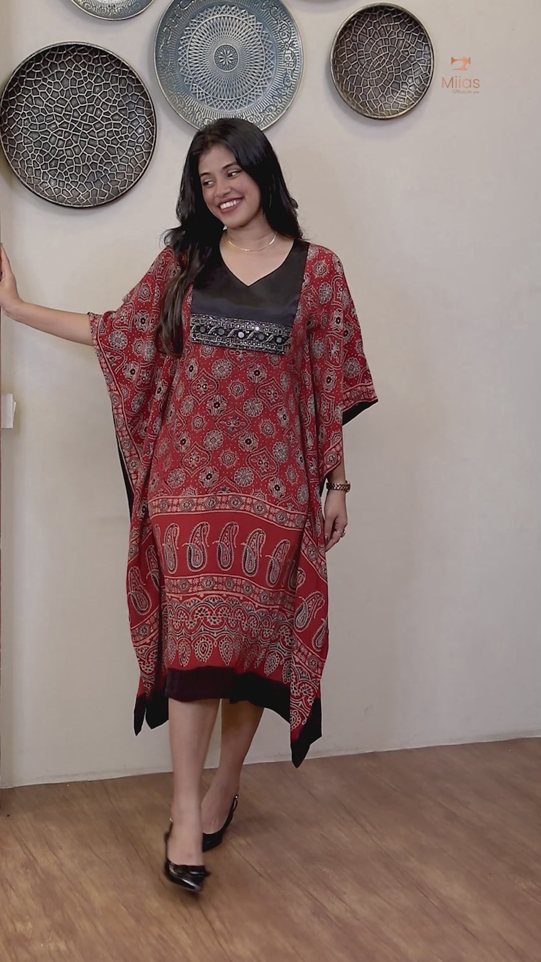 Modal Silk Kaftan with Bead & Mirror Work-Brick Red