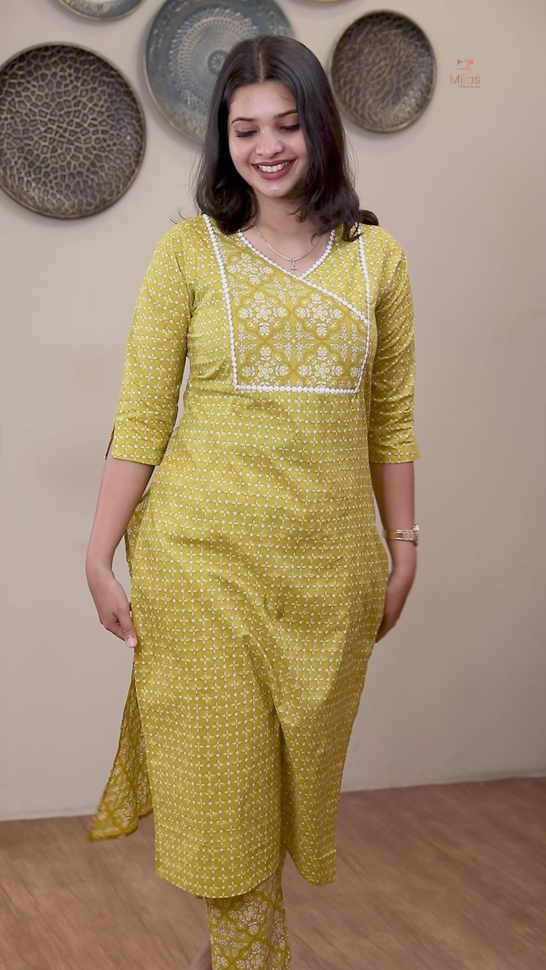 Cotton Co-ord Set: Dual-Print Top & Lace Detail-Lemon Yellow