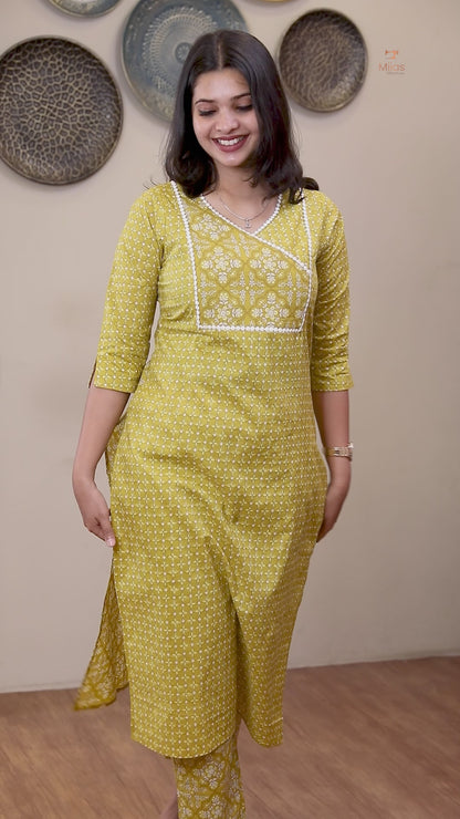 Cotton Co-ord Set: Dual-Print Top & Lace Detail-Lemon Yellow